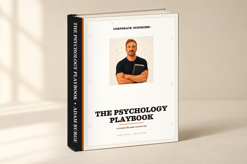 The Psychology Playbook by Adam Burge, shown as a book mockup. The product is a 234-page glossy PDF.