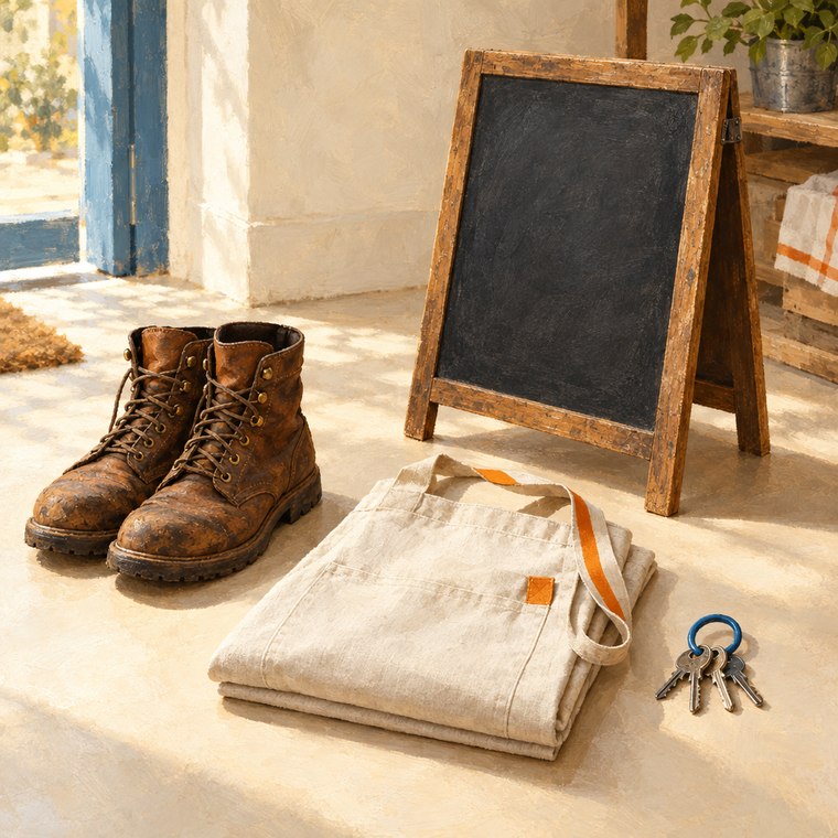 Work boots, an apron, keys and a chalkboard sign: the things a business sends
