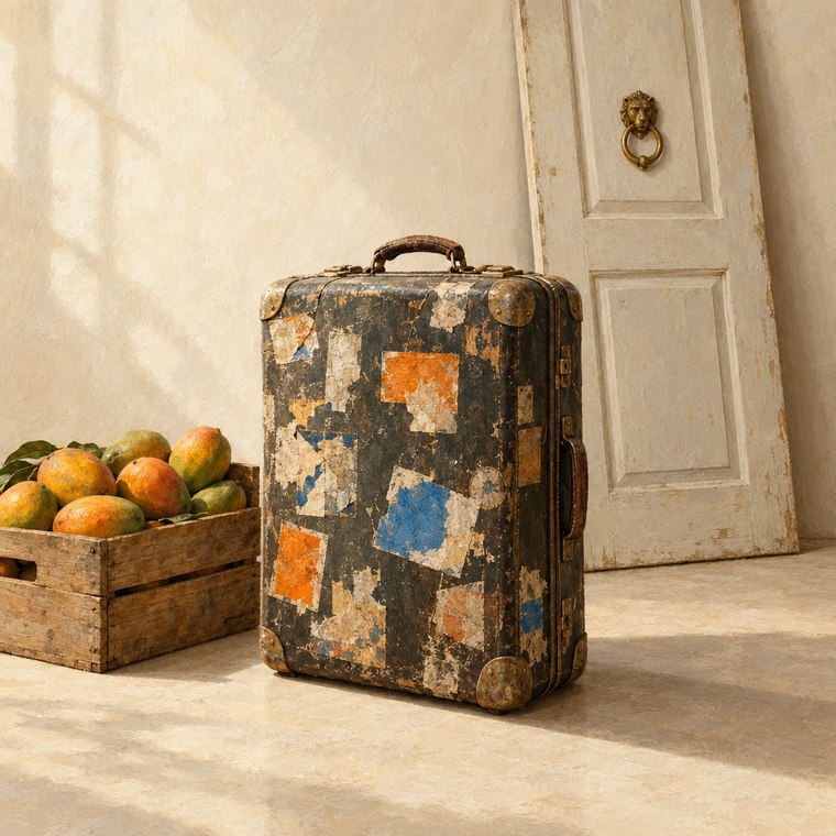 A worn suitcase by a door, the journey from form to card