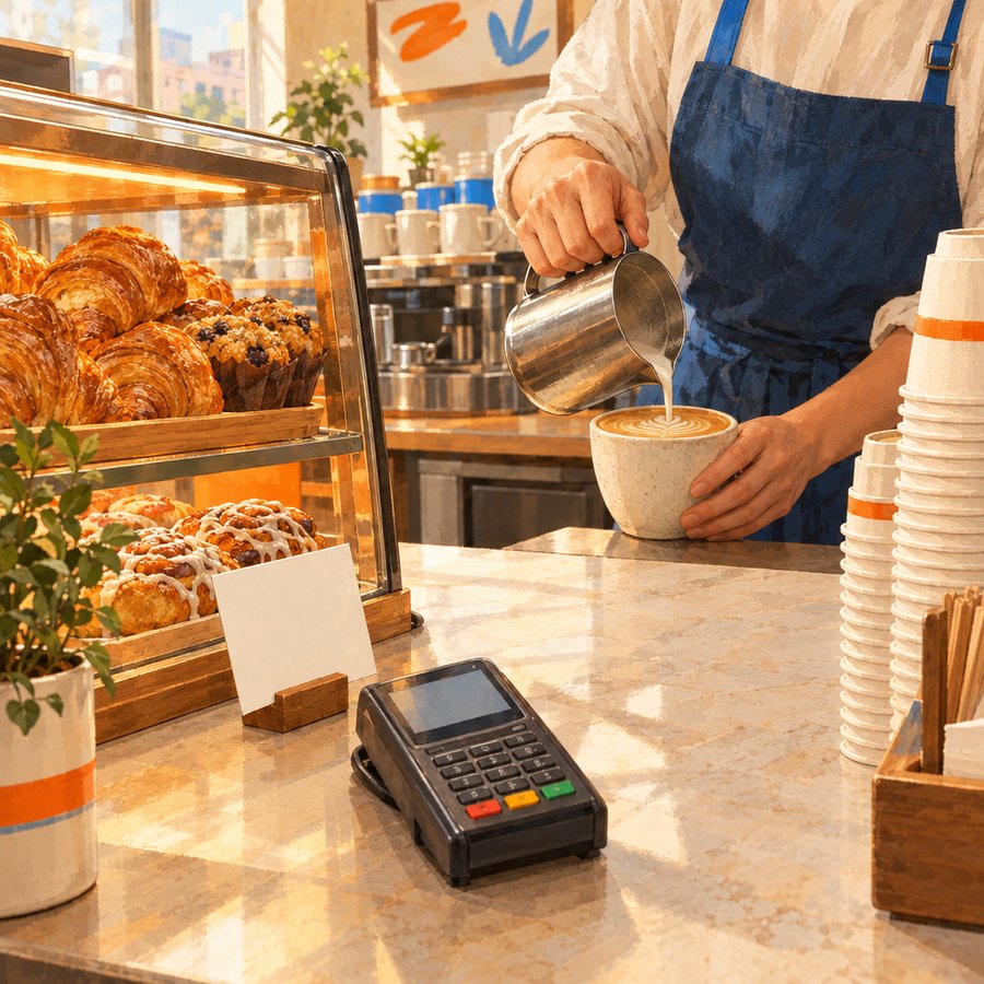 A barista making a coffee at a counter with a card reader