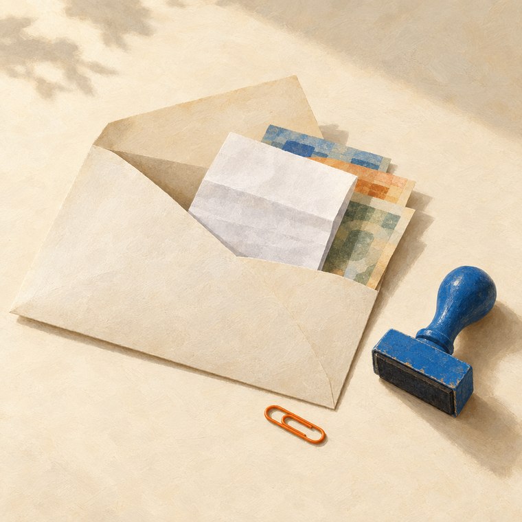 An envelope with paperwork and a rubber stamp