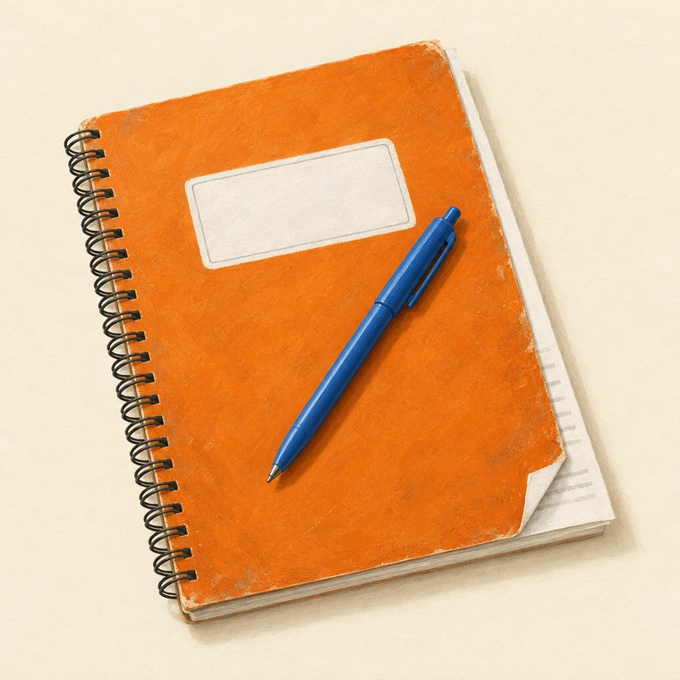 An orange notebook and pen