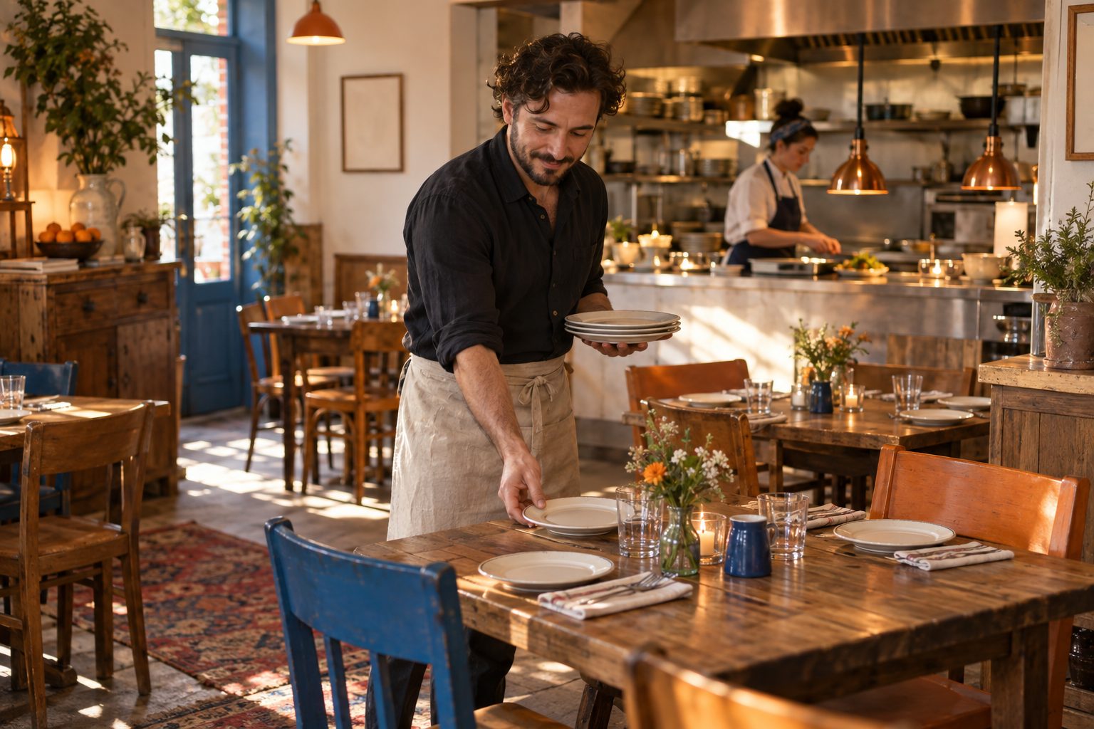 Restaurant scene, a counter with a card reader and a barista at work