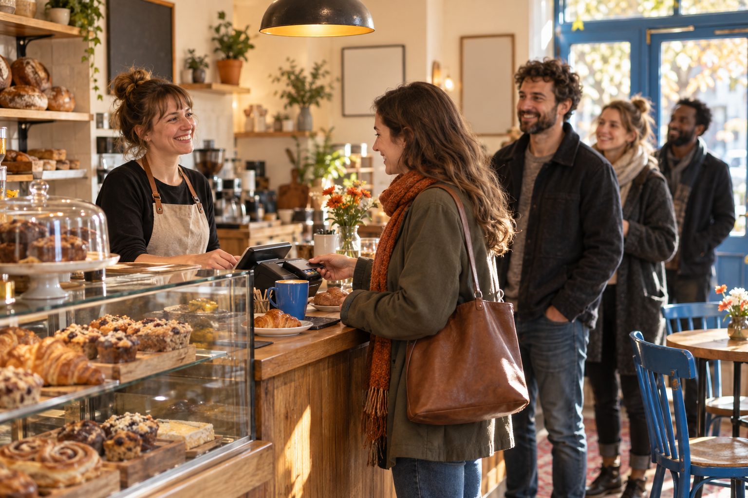 A small cafe with customers at the counter, morning light