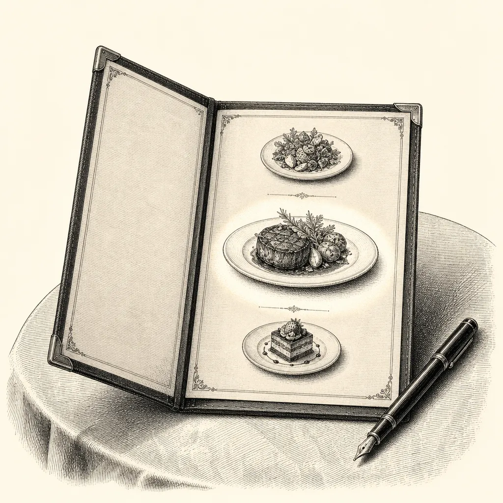 Engraving of a menu with three plates and a pen