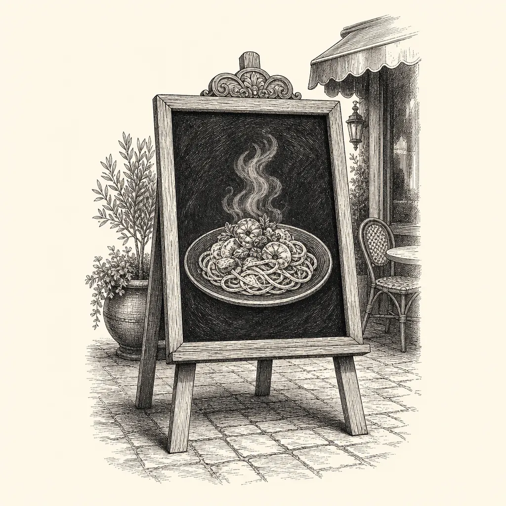 Engraving of a hand pointing at a price sign