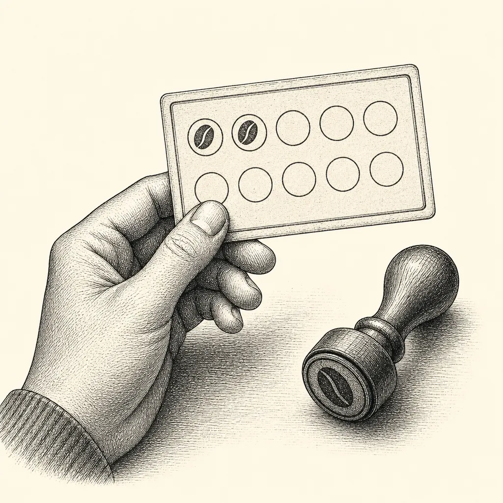 Engraving of a hand holding a stamped loyalty card