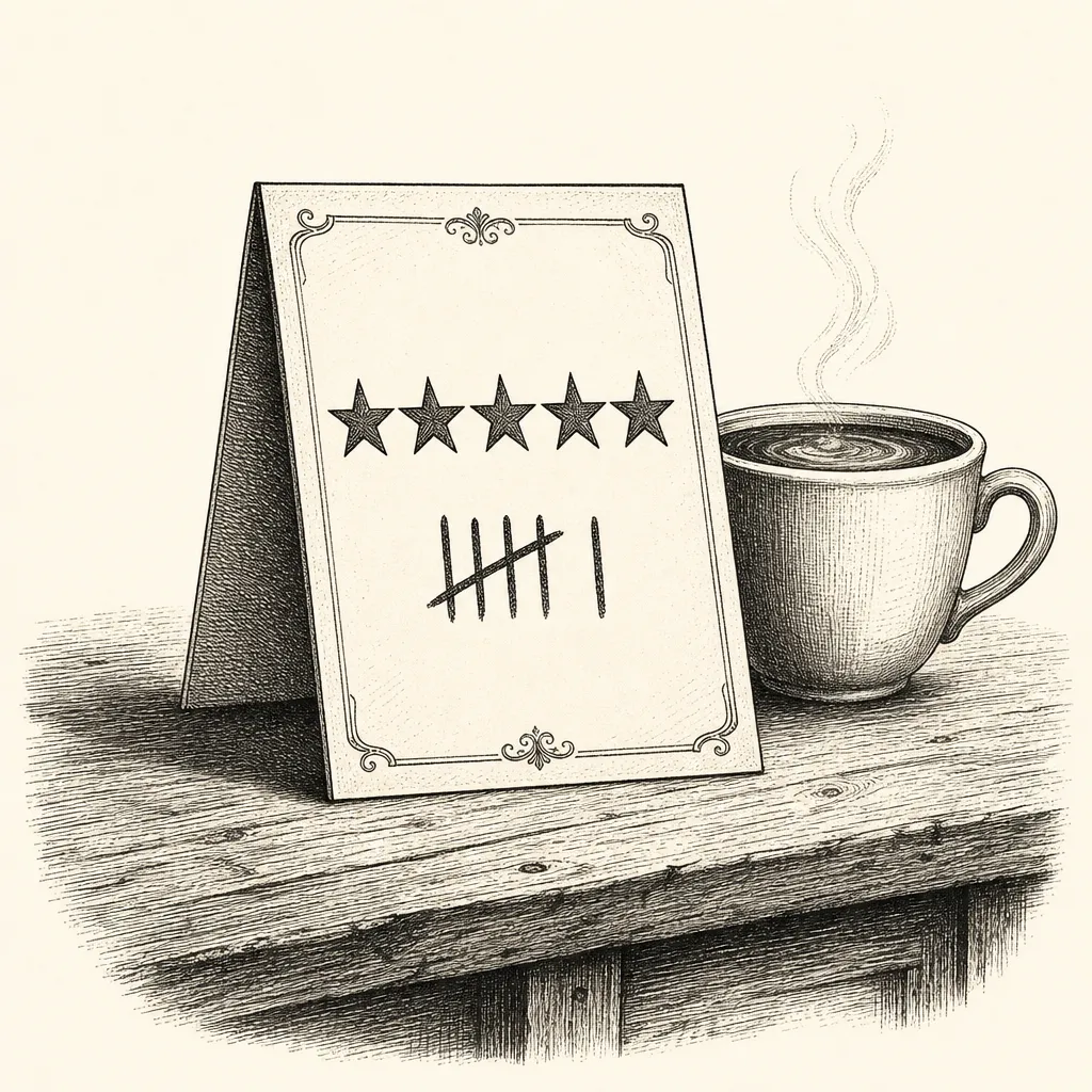Engraving of a five star card, tally marks and a cup of coffee
