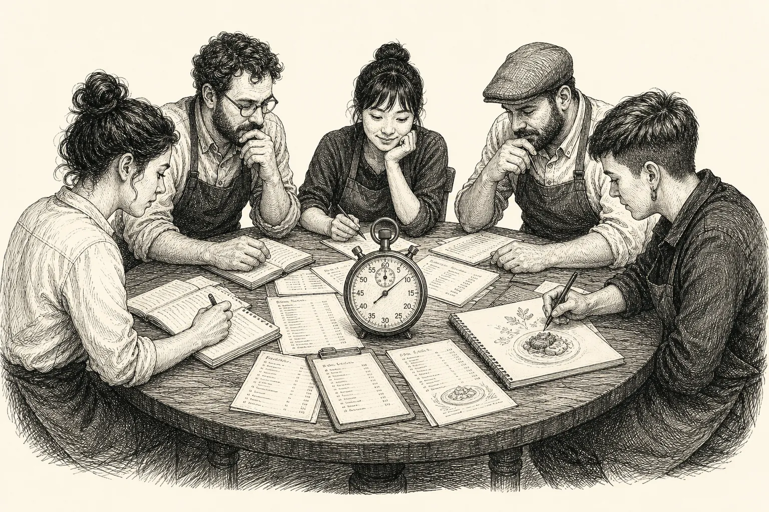 Engraving of five owners around a table covered in papers, with a stopwatch
